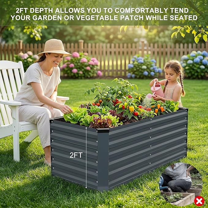 Galvanized Raised Garden Bed 6x3x2ft, Raised Beds for Gardening, Reinforced Support Bars & Safety Edges for Vegetables, Flowers, Herbs, Gray (Grey, 4x2x2FT)