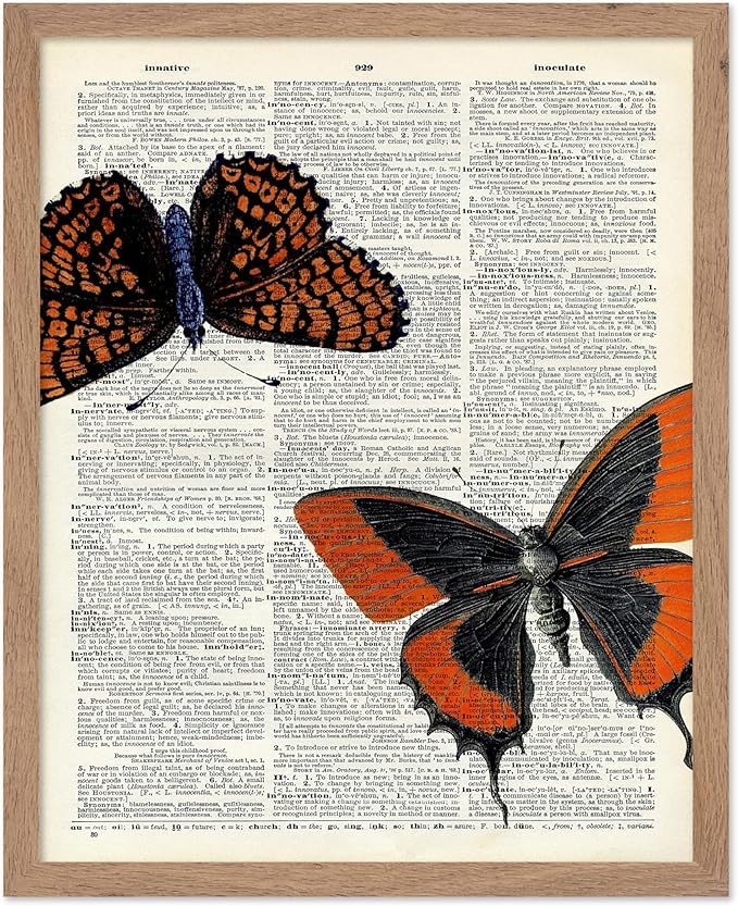 Poster Master Dictionary Art Poster - Butterflies Print - Moth Art - Butterfly Art - Insect Art - Gift for Men, Women & Animal Lover - Chic Decor for Living Room or Bedroom, 16x20 Beige Framed