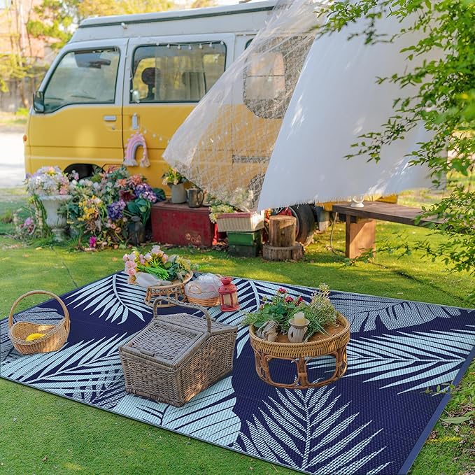 GENIMO Outdoor Rug 9' x 12' Waterproof for Patios Clearance, Reversible Outdoor Plastic Straw Camping Rug Carpet, Large Area Rugs Mats for RV, Camper, Deck, Balcony, Porch, Beach, Navy Blue&Baby Blue