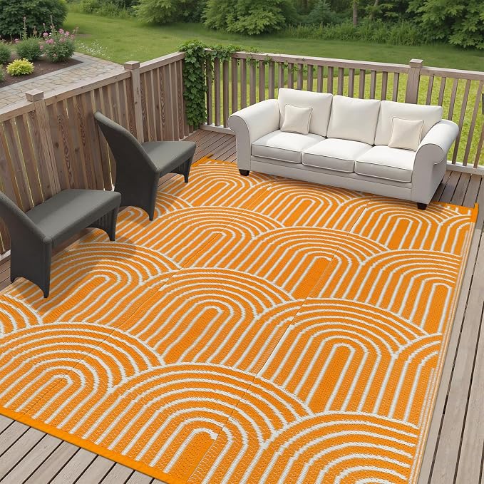 Anidaroel Rainbow Patio Rugs Outdoor 8’X10’ Waterproof, Reversible Camping Rug for Outside RV, Portable Plastic Straw Outdoor Area Rug for Backyard, Garden, Pool Deck (Orange, 8‘X10')