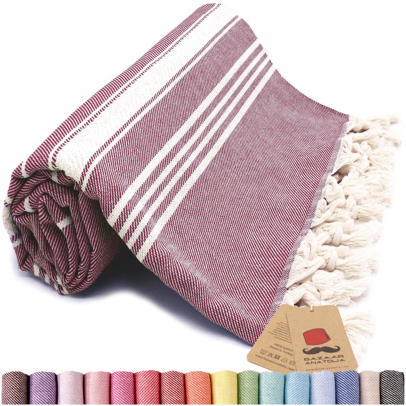 Bazaar Anatolia Turkish Beach Towel – 100% Cotton, Quick Dry, Sand Free Towel for Bathroom, Camping, Travel, Burgundy – Oversized 71x39 Inches – Stripe Maroon