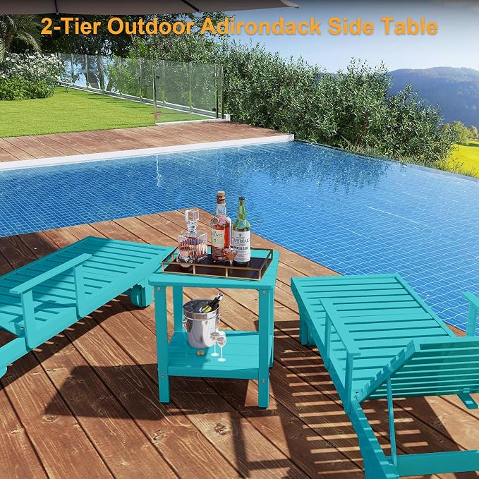 Outdoor Side Table, 17.7-Inch Small Patio Side Table with Adjustable Feet, All-Weather HDPE Adirondack End Table for Porch Deck Balcony Pool, Easy Maintenance, Aruba Blue