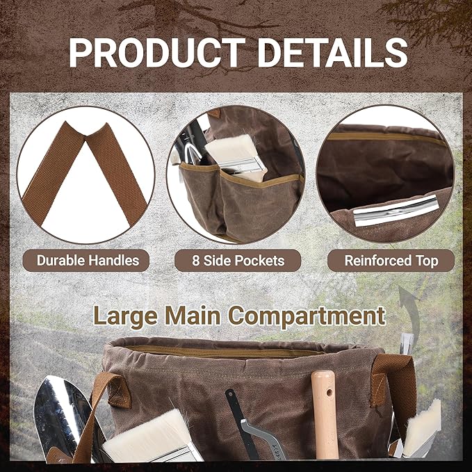 Waxed Canvas Garden Organizer Bag - Waterproof Bucket Tool Bag Portable with Side Pockets, Portable Gardening Tote for Lawn/Yard | Grey