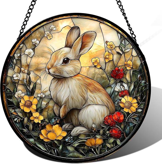 Stained Glass Window Hanging - Rabbit Flowers Suncatcher Ready to Hang Window Doors Home Decoration, Easter, Mother's Day Birthday Gifts for Women, Men, and Mom 14.9x14.9 in