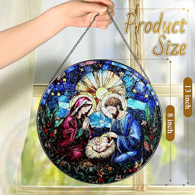 8-Inch Nativity Scene Stained Glass Suncatcher Ornament, Stained Glass Window Hanging & Nativity Religious Ornament, Christian Home Decor — Gifts for Christmas, Christian Gift, Religious Gift