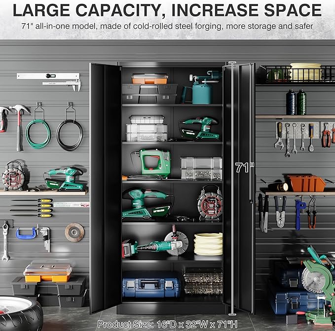 SISESOL Metal Storage Cabinet with 2 Doors and 6 Shelves,Black Metal Cabinet with Lock,71" Lockable Garage Storage Cabinets,Locking File Cabinet,Steel Tool Cabinets for Home,Office,Garage,Shop,School