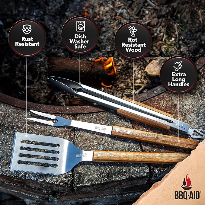 3 Piece BBQ Grilling Accessories Set - BBQ Tongs Spatula Fork Set - Heavy Duty Stainless Steel Barbecue Grill Tools with Solid Hard Wood Handles Great Gift Set