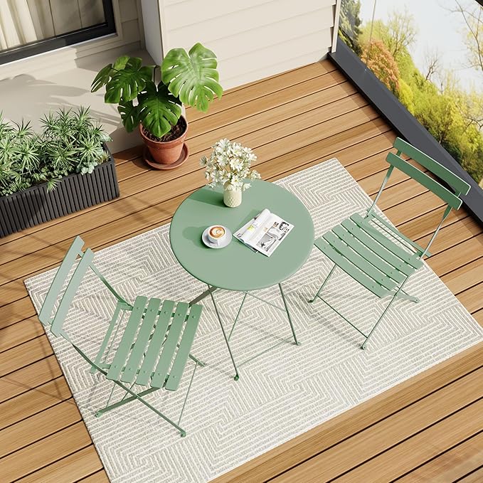 3-Piece Folding Bistro Set, Outdoor Patio Furniture Set with 2 Chairs & 1 Table, Space-Saving Foldable Balcony Garden Set with Heavy-Duty Powder-Coated Steel Frame, No Assembly Required, Green