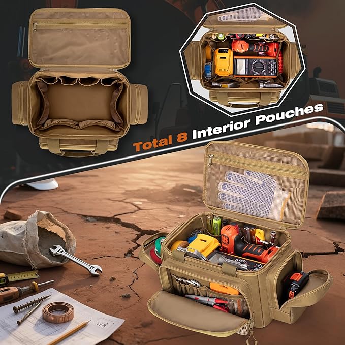 Small Tool Bag with Anti-friction Bottom, Tactical 12" Tool Tote for Men, Hand Tool Storage Organizer for Electrician, Repairman and Carpenters, Khaki