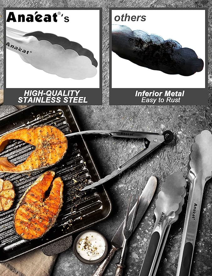 Anaeat Premium Stainless Steel Kitchen Tong Set of 2 - Sturdy Coiled Spring 9" and 12" Locking Food Tong with Non-Slip Silicone Grip for Cooking, Baking, Grilling, BBQ - Heat Resistant up to 480°F
