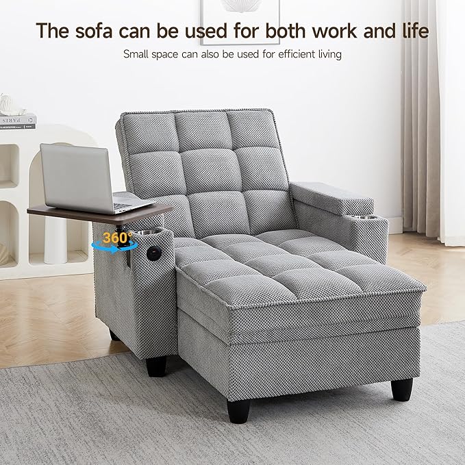 41.7" Oversized Chaise Lounge Chair Indoor, Boucle Upholstered Sofa Bed with Adjustable Backrest, Deep Seat Reading Chair, Sofas Couches for Living Room, Storage, Cup Holders & 360° Swivel Side Table