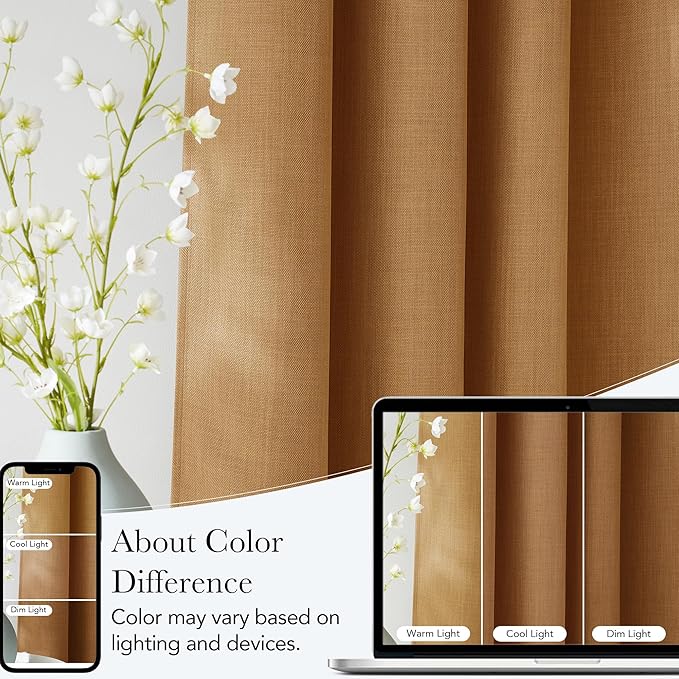 NICETOWN Short Faux Linen Gold Brown Blackout Curtains 63 inches Long