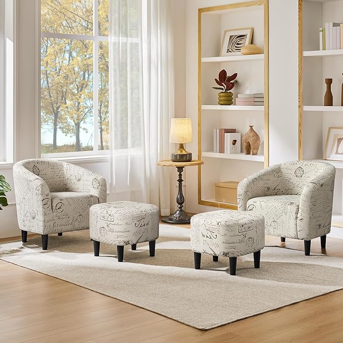 Yaheetech Accent Chair with Foot Rest, Mid Century Modern Upholstered Soft Barrel Chair, Comfy Fabric Armchair and Footrest Set for Living Room/Bedroom/Reading Room, Set of 2 Letter Print