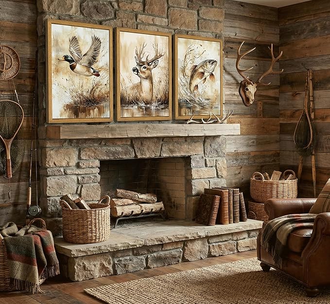 3Pcs Framed Rustic Outdoor Wildlife Canvas Wall Art,Watercolor Deer Duck And Fish Wall Decor Pictures,Vintage Farmhouse Hunting Posters Prints,for Living Room Bathroom Kitche Home Decoration