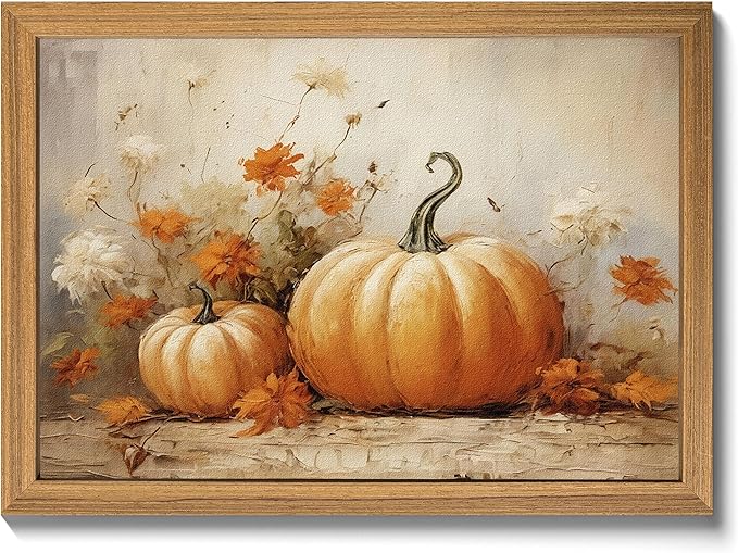 Framed Vintage Halloween Pumpkin Wall Art – 3D Texture Harvest Pumpkins Pictures Fall Wall Decor for Living Room, Rustic Autumn Pumpkin Art Prints for Kitchen, Bedroom, Home or Party – 16x24in