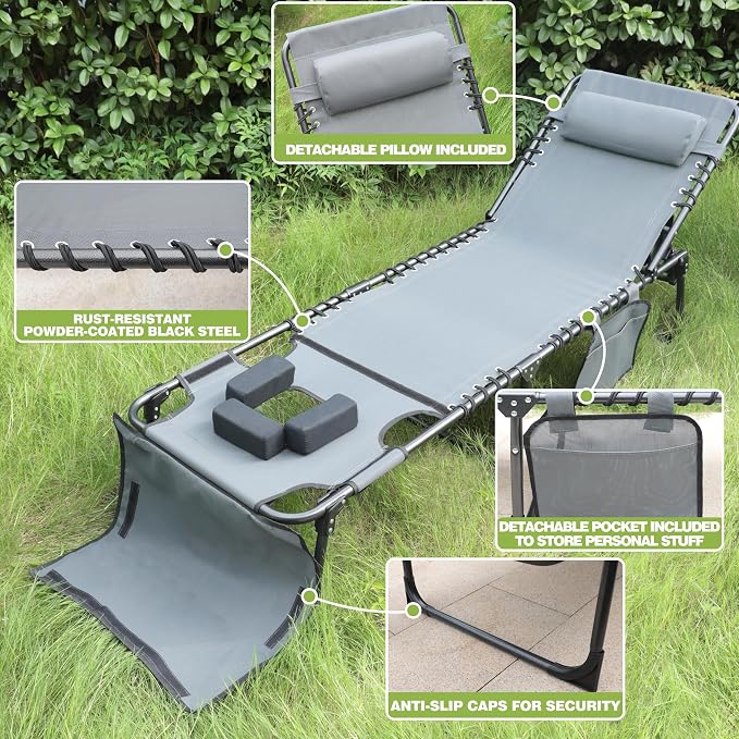 MUPATER Patio Chaise Lounge Chair for Outdoor with Face Hole, 4-Fold Adjustable Backrest, Removable Pillow and Detachable Pocket, Portable Sun Lounger Recliner for Beach, Camping and Pool, Grey