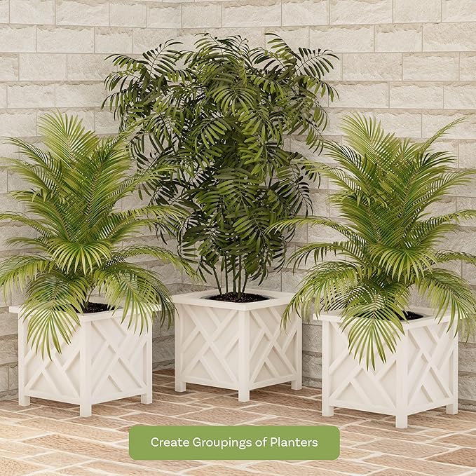 Lattice Design Outdoor Planter Box - 14.75” Square 13” Tall White Plant Pot - Decorative Plant Pots for Front Porch Decor - Flower Pots Outdoor Planters for Porch Patio or Garden Decor by Pure Garden