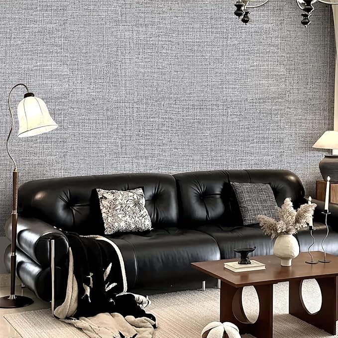 Grey Grasscloth Peel and Stick Wallpaper 17.3"x300" Faux Linen Textured Contact