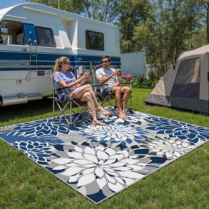 5x8 Outdoor Area Rug Washable Multicolored Patio Rug Tropical Botanical Floral Chenille Waterproof Outdoor Carpet for Living Room, Deck, Backyard, Porch, Blue