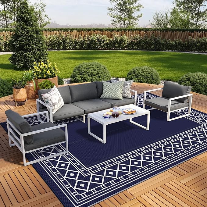 GENIMO Outdoor Rug Waterproof for Patio Decor, 9'x12' Foldable Reversible Plastic Straw Carpet for Travel Trailers, Outside Area Mat for Rv, Deck, Picnic, Porch, Camper, Balcony, Beach, Blue & White