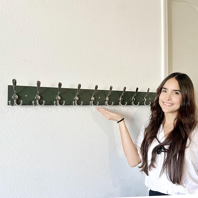 SKOLOO Creations Forest Green Solid Wood Wall Mounted Coat Rack, 10 Hooks