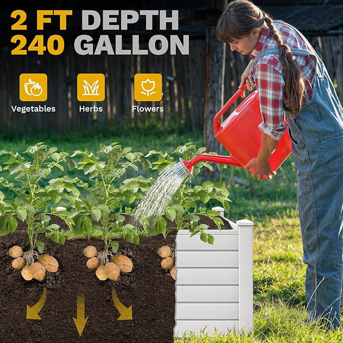 DWVO 4 x 4 x 2 FT Raised Garden Bed, Outdoor Vinyl Flower Bed with Growth Grid, Large Plastic Planter Box for Vegetables, Flowers, Herbs, Fruits, White
