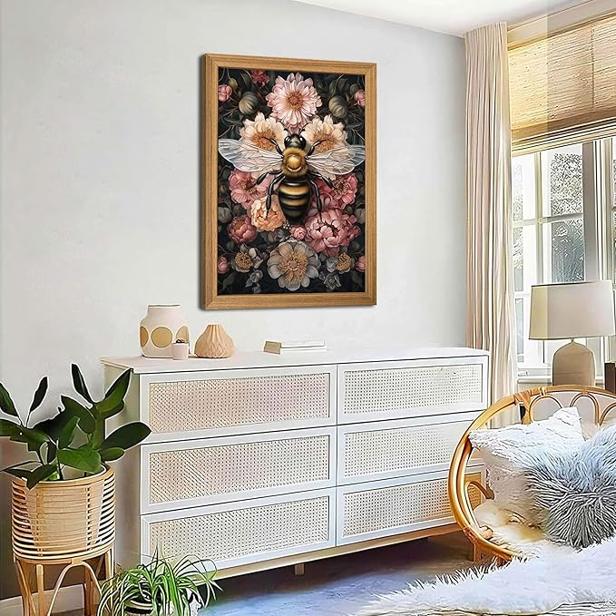Framed Vintage 3D Textured Wall Art - Dark College Bee Flowers Wall Decor - Hand Drawn Sandstone Nature Botanical Pictures for Living Room Bedroom Home Decor 24x36in