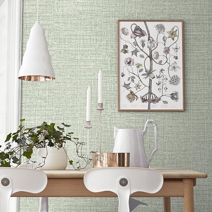 Green Grasscloth Peel and Stick Wallpaper 17.3"x480" Faux Linen Textured