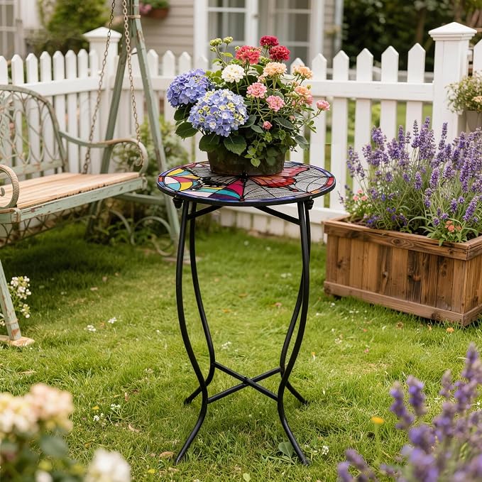 Round Side Table, 21 Inch Tall Side Table for Flower Pots Vase Home Decor, Weather Resistant Metal Patio Table Plant Stand for Indoor Outdoor Use, Easy Assemble