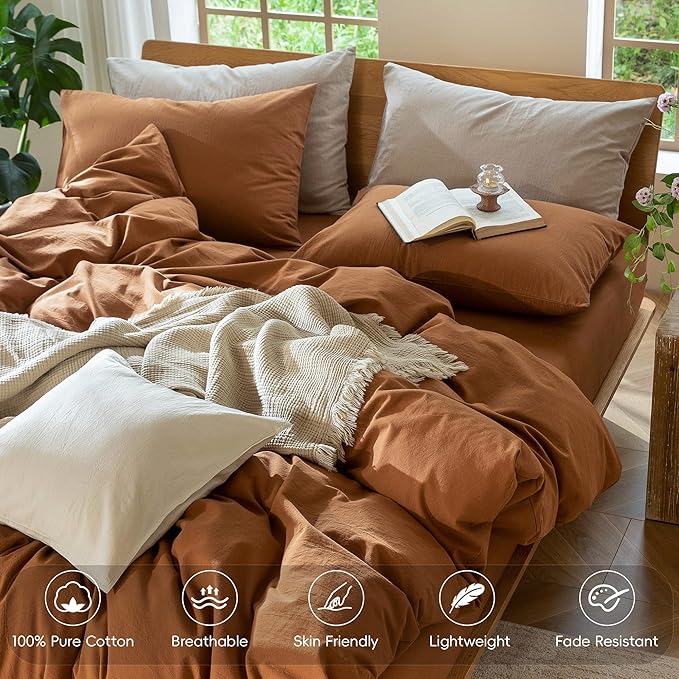MooMee Bedding Duvet Cover Set 100% Washed Cotton Linen Like Textured Breathable Durable Soft Comfy (Solid Dark Orange, Oversized King Plus 128"x120")