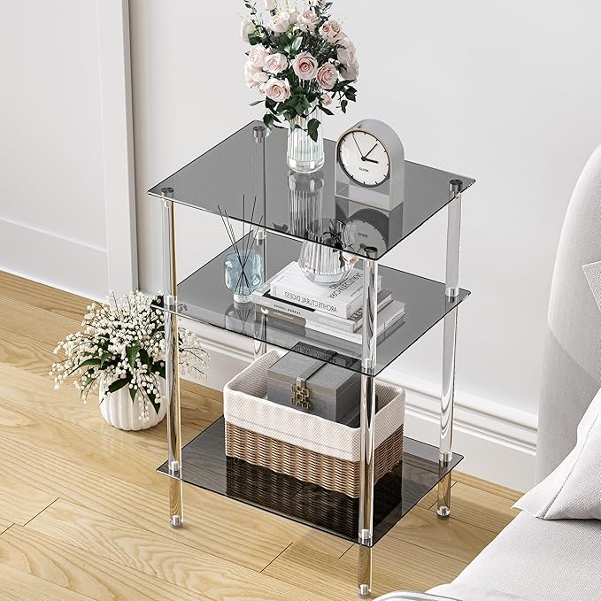 Tempered Glass Side Tables Set of 2 Acrylic End Table with 3 Storage Shelve transparent Bedside simplicity clear 3-Tier Nightstands for small Spaces Office Bedroom Living Room Study black ET-008BK3T