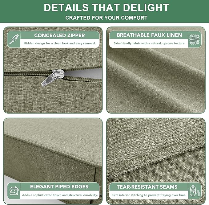 Summsun Water Resistant Outdoor Chair Cushions, Faux Linen Backrest and Seat Cushion Set with Ties, Removable Cover, Non-Slip Bottom for Patio Furniture, 19 x 19 Inch, Mocca Green