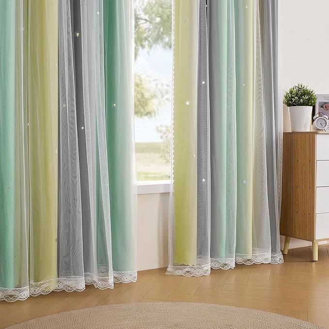 XiDi Curtains for Bedroom Decor, Rainbow GreenYellowGrey52/96/1