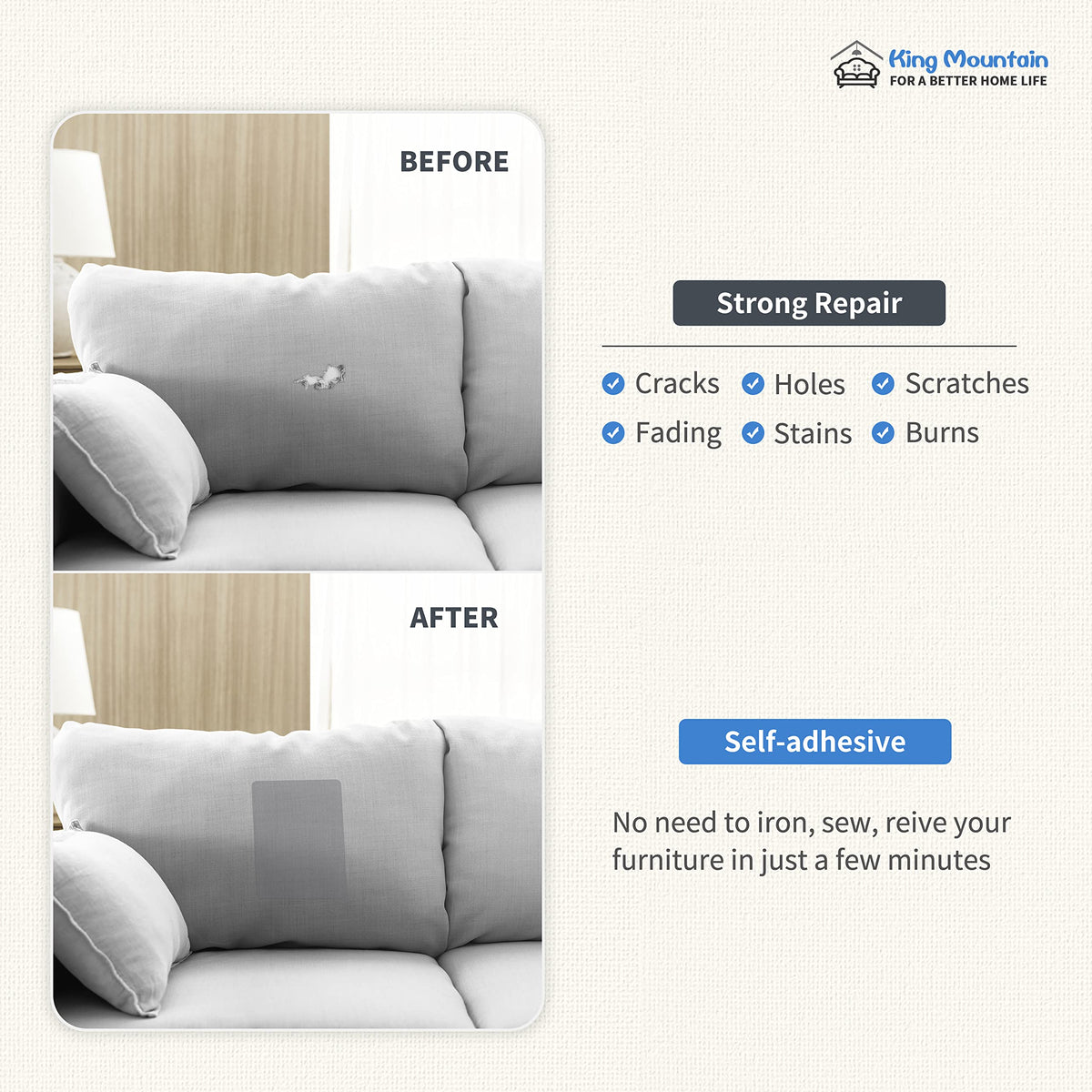 KING MOUNTAIN Canvas Repair Patch 9 x11 Inch 2 Pcs Self-Adhesive Waterproof Fabric Patch for Sofas, Tents, Furniture,Tote Bags, Car Seats (Beige1.0)