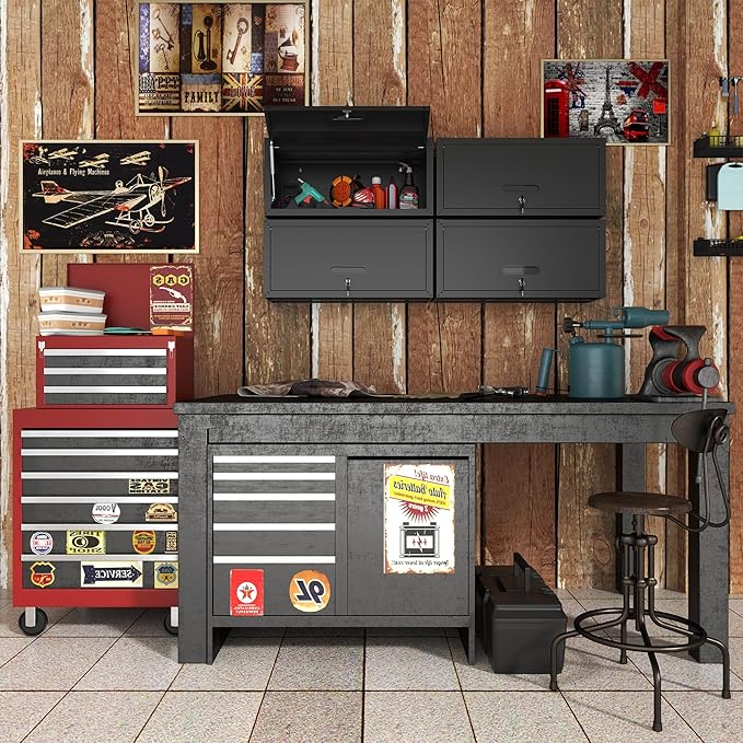Garage Wall Cabinet with Flip-Up Door, Lockable Metal Storage Cabinet Wall
