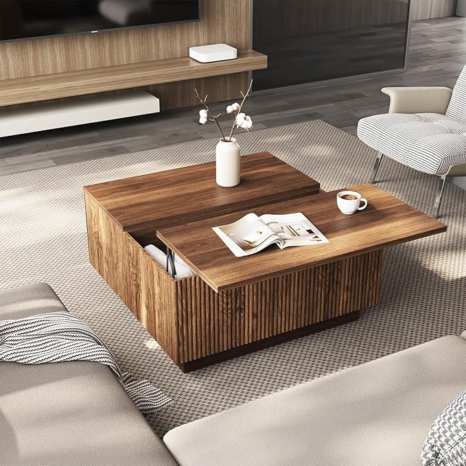 31" Lift Top Coffee Table with Hidden Storage, Farmhouse Square Wood Center Table with Fluted Design for Living Room, Apartment, Small Spaces, Brown Walnut