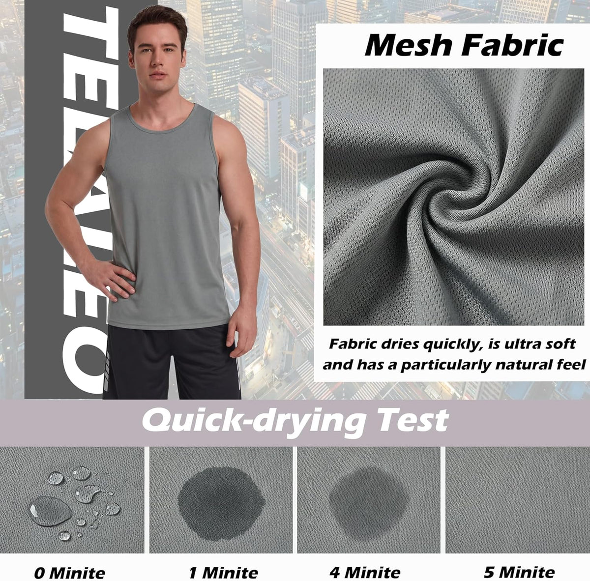 TELALEO Men's Workout Tank Tops - 5 Pack Sleeveless Mesh Gym Shirts | Quick Dry in Black, Gray, Navy & Blue