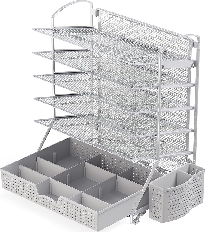 Simple Houseware 6-Tier Desk Document File Tray Organizer with Supplies Sliding Drawer, Silver