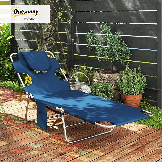 Outsunny Chaise Lounge Chair Outdoor with Face Arm Hole, 5-Position Reclining Face Down Tanning Chair with Carry Strap, Side Pocket, Portable Folding Bed Cot for Patio Beach Pool, Dark Blue
