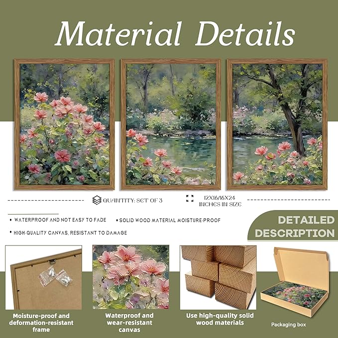 Framed Monet Wall Art Set of 3, Impressionist Botanical Floral Canvas Wall Decor