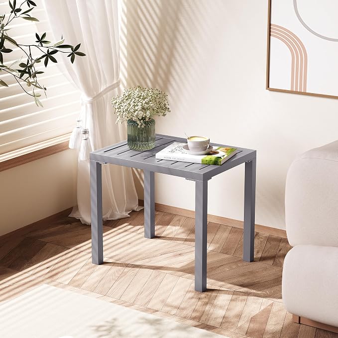 Crestlive Products Outdoor Side Table Set of 2, Aluminum Rectangular Side/End Table, Small Patio Coffee Bistro Table for Outdoor Indoor (Light Grey)