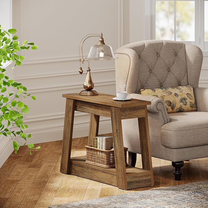 Tribesigns Wood End Table, Small Side Table with 2 Storage Shelves, Rustic Accent Narrow Nightstand for Living Room, Bedroom (2, Rustic Brown)