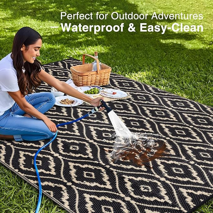 OLANLY Outdoor Rug 9x12 ft Waterproof, Outdoor Plastic Straw Rug with Geometric Pattern Clearance, Reversible RV Mat for Patio, Camping, Balcony, Deck, Backyard, Black & Beige