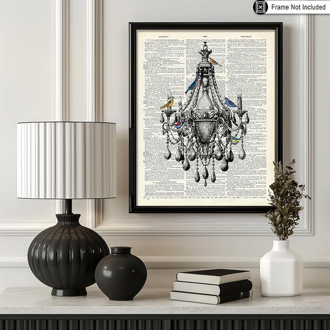 Poster Master Dictionary Art Poster - Antique Chandelier Print - Bird Art - Baroque Art - Gift for Men & Women - Chic Decor for Living Room, Dining Room, Bedroom or Kitchen - 11x14 UNFRAMED Wall Art