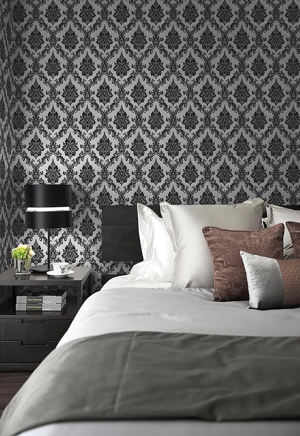 17.7" x 197" Peel and Stick Wallpaper Black Vintage Wallpaper Damask Contact