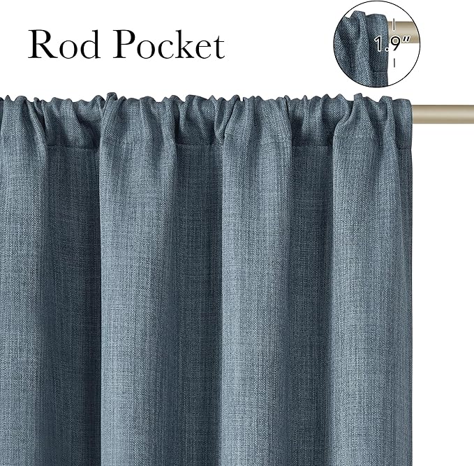 NICETOWN Mist Blue Faux Linen Room Darkening Rod Pocket Curtains 63 inch Length
