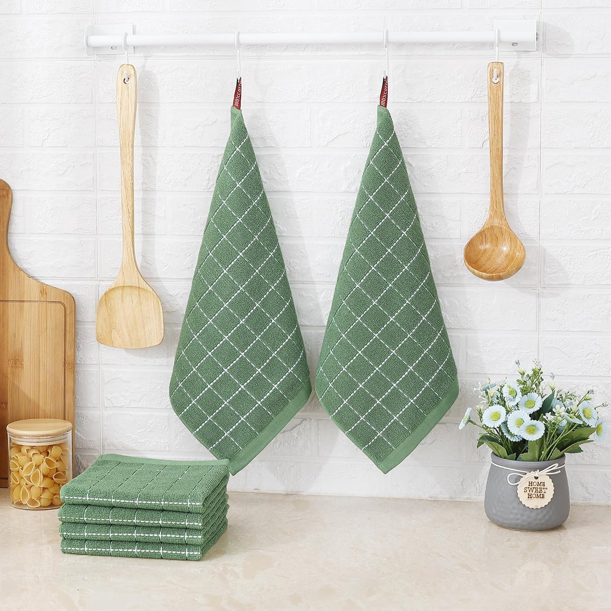 Homaxy 100% Cotton Terry Kitchen Dish Cloths, Ultra Soft and Absorbent Dish Towels for Kitchen, Suitable for Drying and Washing Dishes, 6 Pack, 12 x 12 Inches, Grass Green