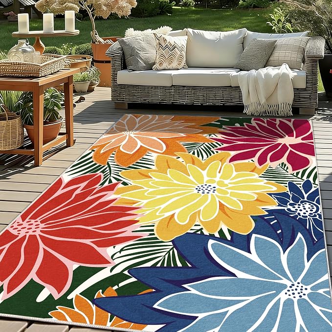 ZonLi Colorful Outdoor Rug 8x10Ft Waterproof Multicolored Indoor Area Rug Washable Outdoor Patio Rugs Tropical Floral Non Slip Outdoor Carpet for Living Room, Pool,Backyard,Deck,Camping