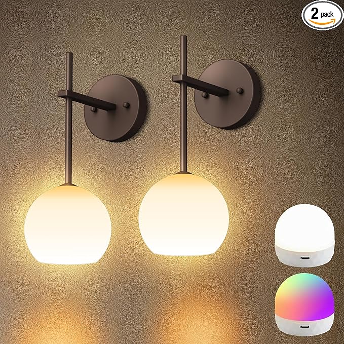 Brown Battery Operated Wall Sconces Set of 2, Rechargeable Wireless Wall Lights