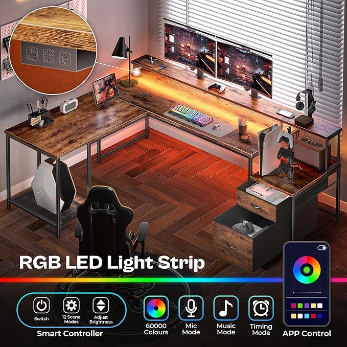 PRAISUN 66" L Shaped Gaming Desk with LED Lights & Power Outlets, Computer Desk with Fabric Drawers and Print Stand, Corner Office Desk, Monitor Stand, Mesh CPU Stand, Rustic Brown